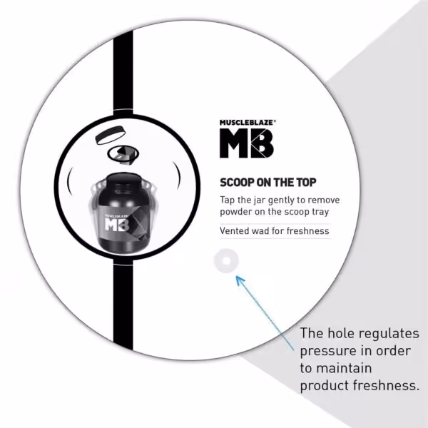Scoop on the top feature and vented wad with a pressure-regulating hole to maintain product freshness