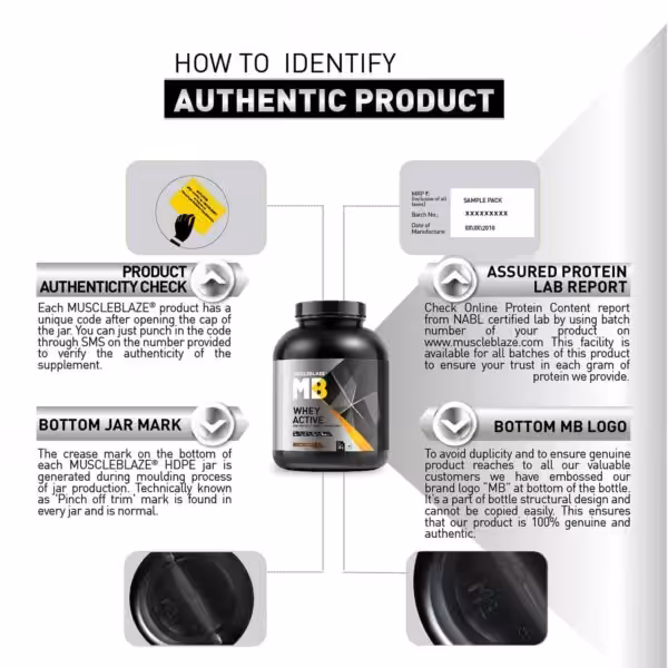 Guide to identifying authentic MuscleBlaze products via unique SMS code, online lab report, and specific bottom markings