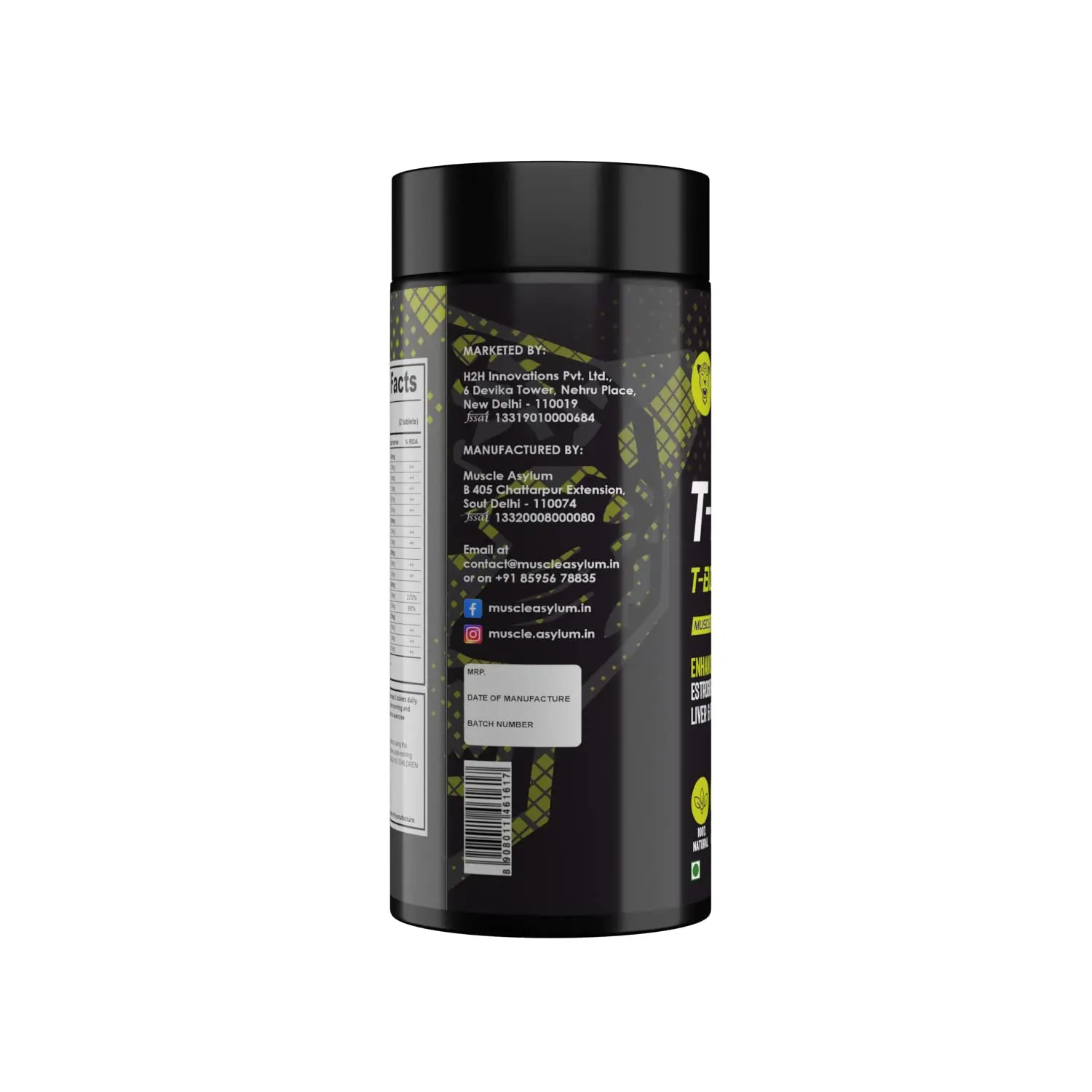 Back label of Muscle Asylum Test+ showing manufacturer details, contact information, and social media handles