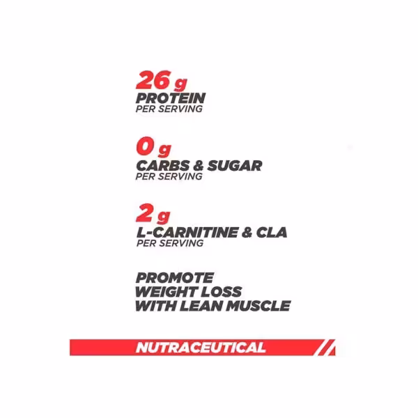 26g protein, 0g carbs and sugar, 2g L-carnitine and CLA per serving. Promotes weight loss with lean muscle