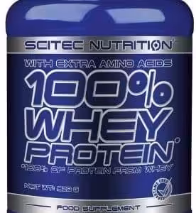 Blue tub of Scitec Nutrition 100% Whey Protein with extra amino acids, 920g