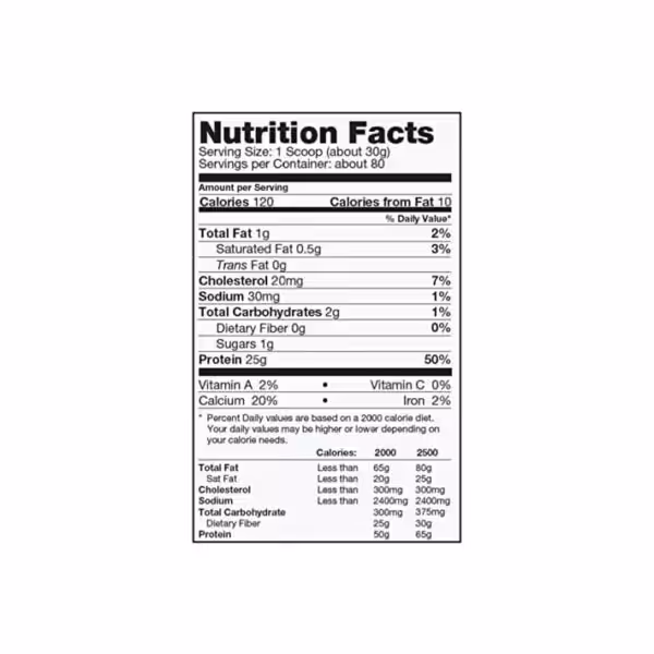 Nutrition Facts for Prostar 100% Whey: 120 calories, 1g fat, 2g carbs, and 25g protein per 30g serving