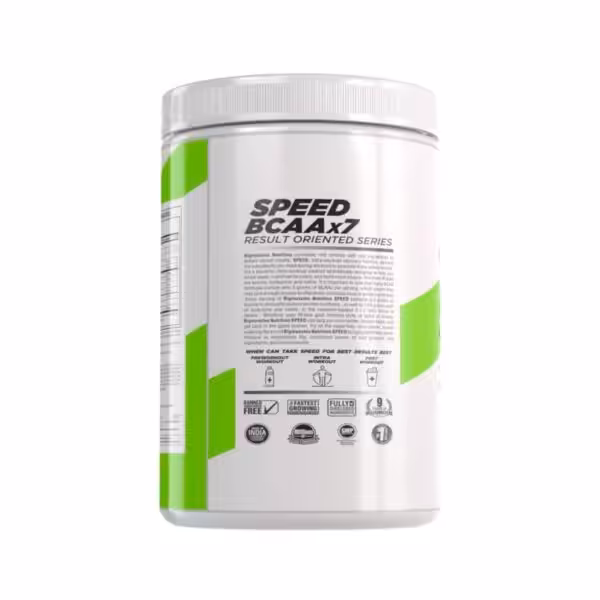 Bigmuscles Nutrition Speed BCAAX7 supplement tub with product information and quality certification badges