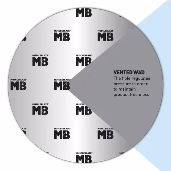 MuscleBlaze vented wad seal. The hole regulates pressure in order to maintain product freshness