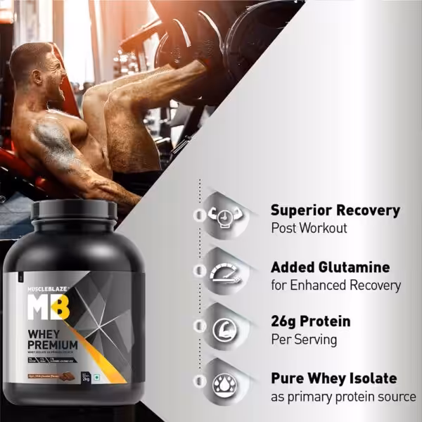 MuscleBlaze Whey Premium: Superior recovery, added glutamine, 26g protein per serving, and pure whey isolate