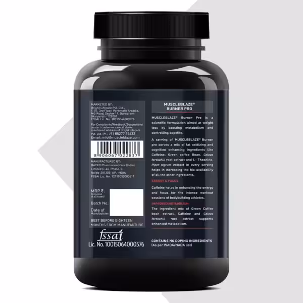 MuscleBlaze Burner PRO label describing weight loss benefits, ingredients like caffeine and green coffee bean, and FSSAI license