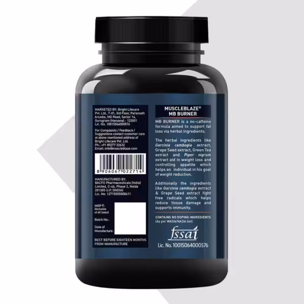 Back label of MB Burner: no-caffeine fat loss formula with Garcinia cambogia, Grape Seed, and Green Tea extracts
