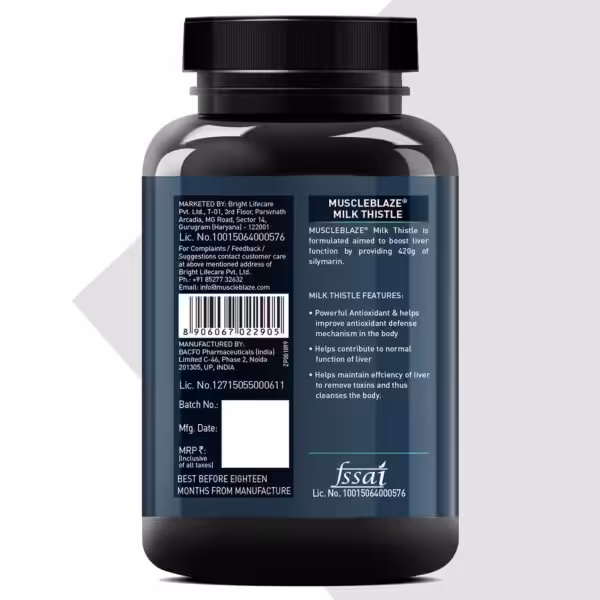 MuscleBlaze Milk Thistle back label detailing liver health benefits, antioxidant properties, and manufacturing information