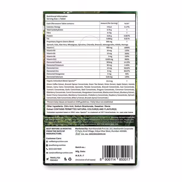 Nutritional information label for Daily Greens, listing calories, vitamins, minerals, and organic blends