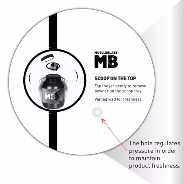 Scoop on the top: tap jar to clear the tray. Vented wad hole regulates pressure to maintain product freshness