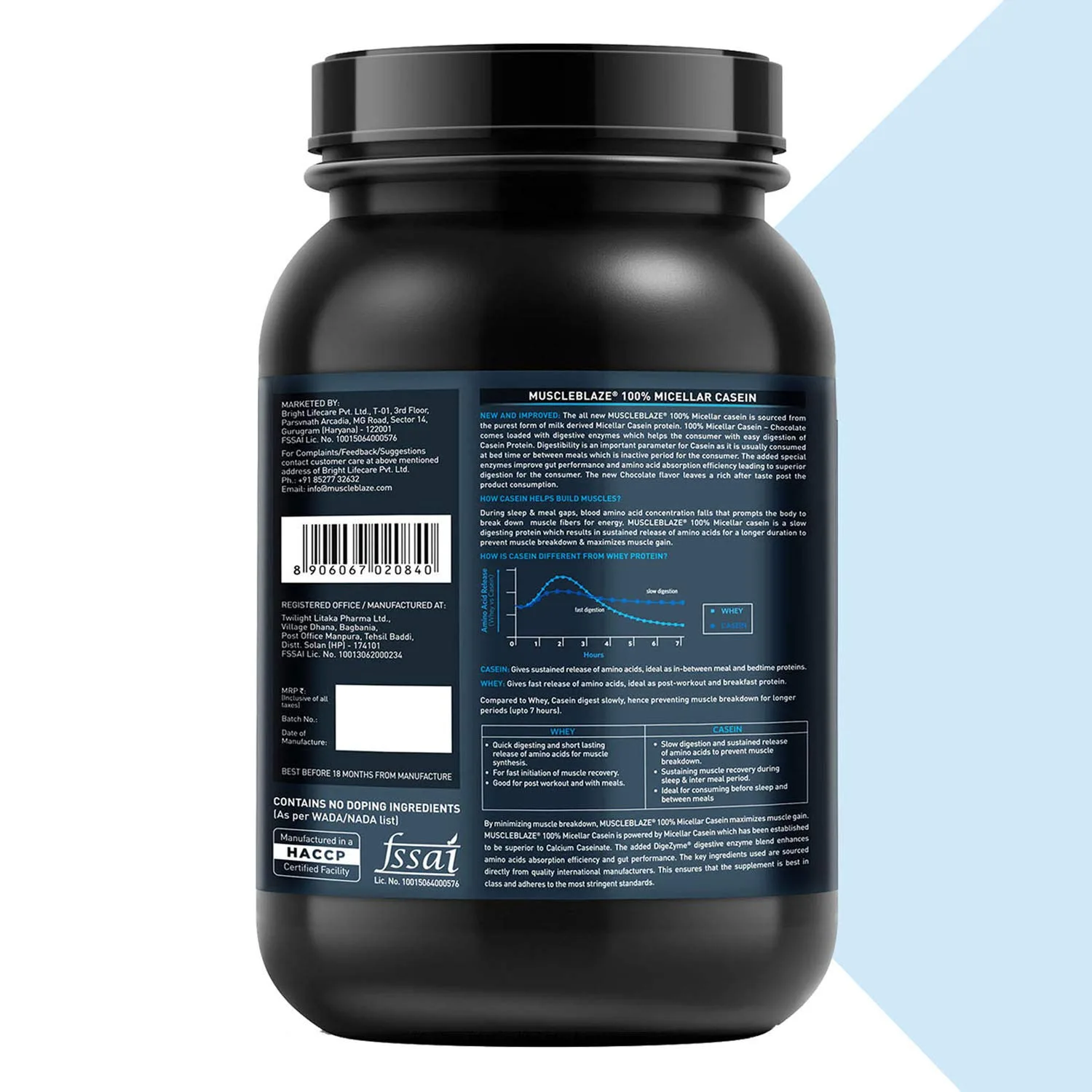 Back label of MuscleBlaze 100% Micellar Casein showing product info and a graph of its 7-hour sustained amino acid release