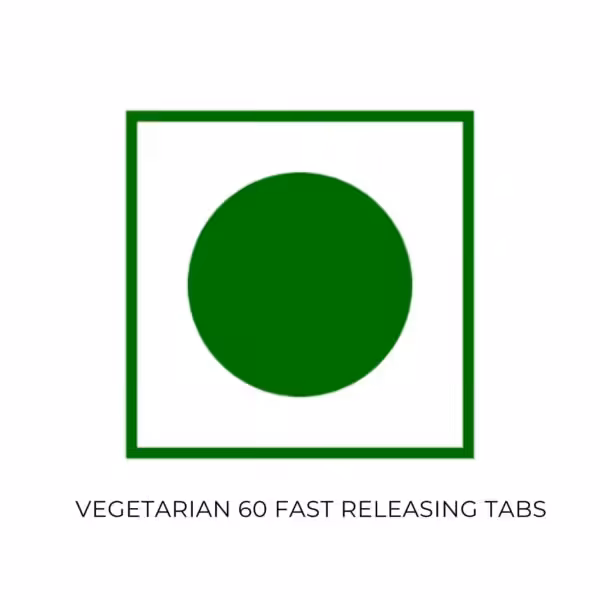 Vegetarian symbol and text: Vegetarian 60 fast releasing tabs