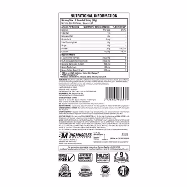 Nutritional information, ingredients, and product details for Bigmuscles Nutrition Zero Ripped sports supplement