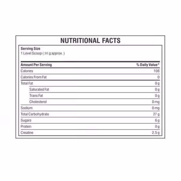 Nutritional facts: 30g serving has 108 calories, 0g fat, 0mg sodium, 27g carbs, 6g sugars, 0g protein, and 2.5g creatine
