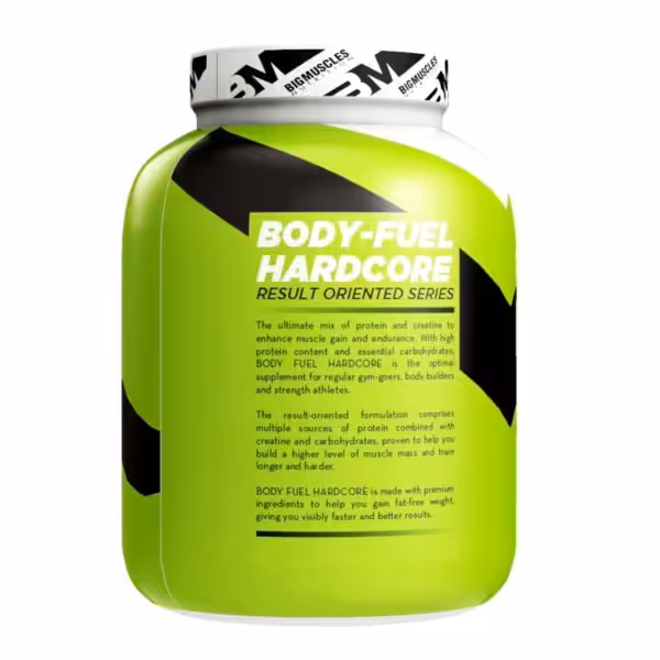 Bigmuscles Nutrition Body Fuel Hardcore tub, a protein and creatine mix for muscle gain and endurance