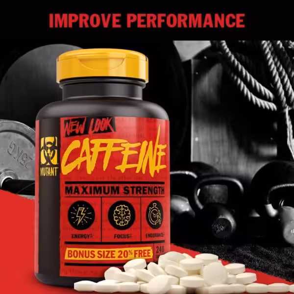 Mutant Caffeine Maximum Strength bottle with 240 tablets. Highlights energy, focus, and endurance benefits
