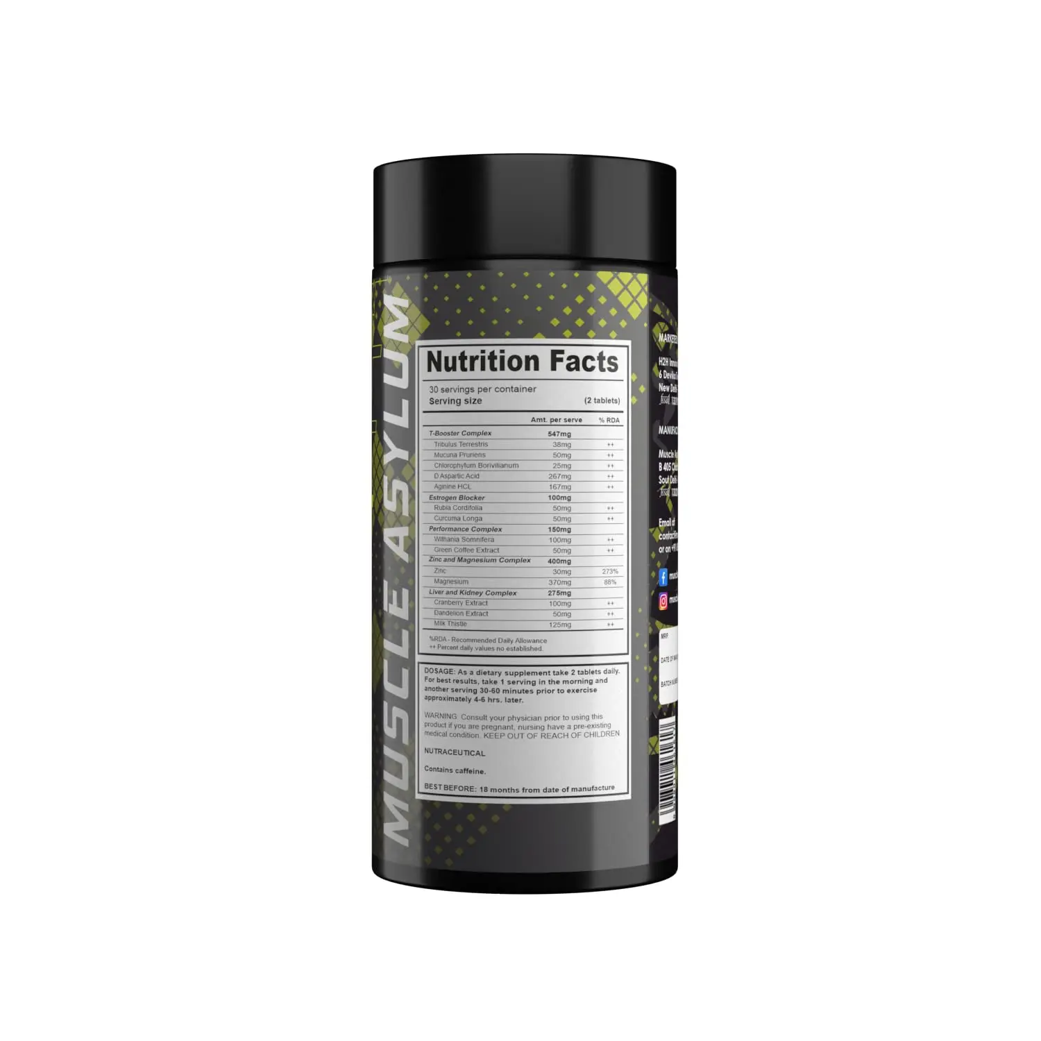 Nutrition Facts and dosage for Muscle Asylum Test+ including T-Booster, Estrogen Blocker, and Performance complexes