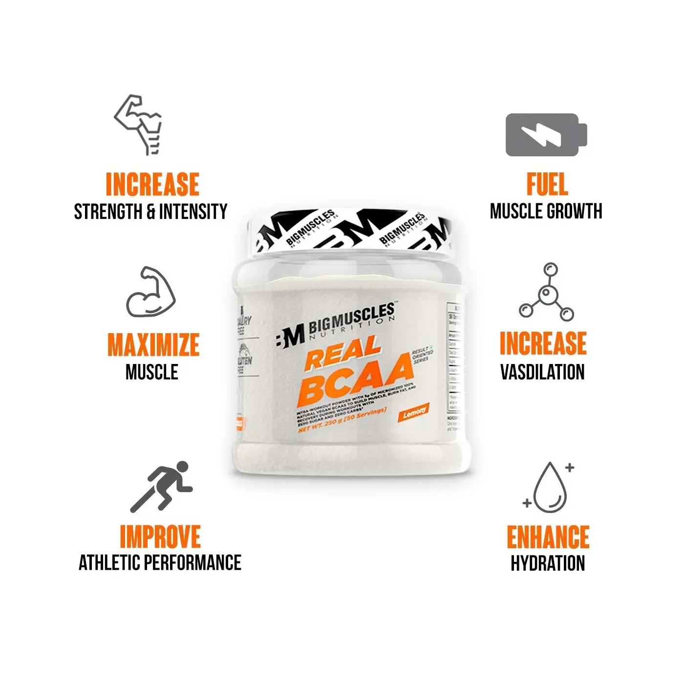 Bigmuscles Nutrition Real BCAA benefits: increase strength, maximize muscle, improve performance, fuel growth, increase vasodilation, and enhance hydration