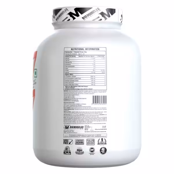 Nutritional information and ingredients label for Bigmuscles Nutrition Zero Ripped, featuring a Ripped Matrix