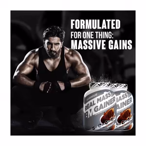 Muscular man in a gym with text: Formulated for one thing: Massive Gains. Featuring Real Mass Gainer tubs