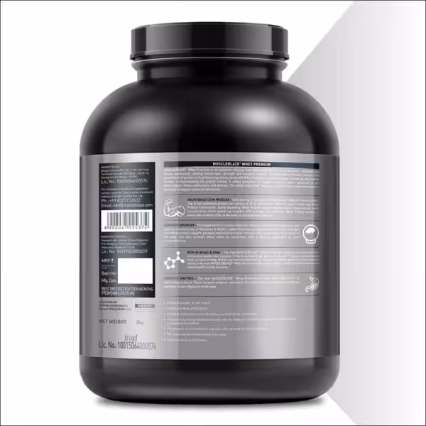 Back label of MuscleBlaze Whey Premium 2kg tub detailing benefits like muscle building, recovery, and digestive enzymes