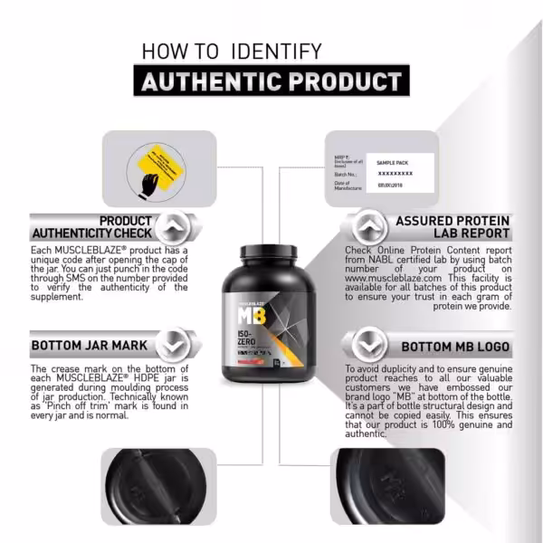 Guide to identifying authentic MuscleBlaze products via unique codes, lab reports, and specific bottle markings