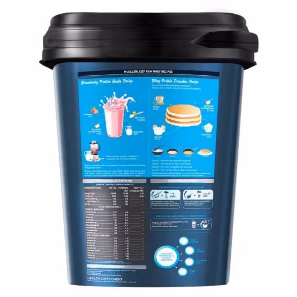 MuscleBlaze Raw Whey Protein label showing recipes, nutritional facts with 80% protein, amino acid profile, and usage guide