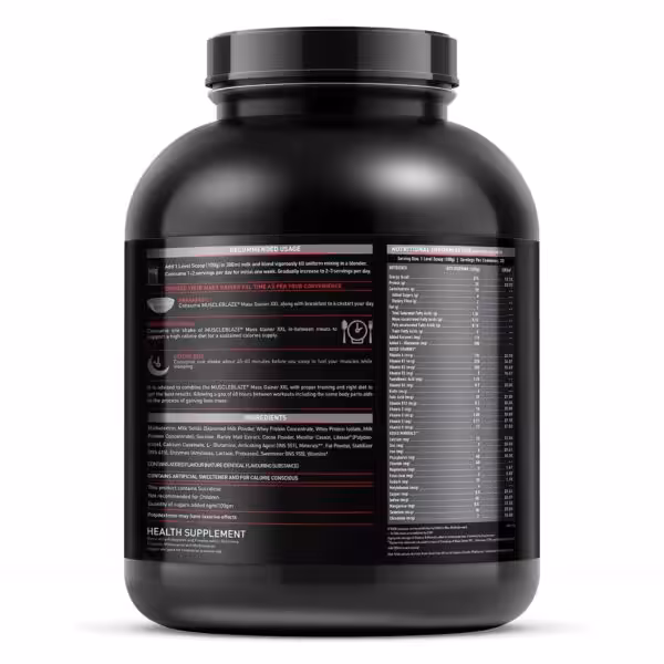 MuscleBlaze Mass Gainer XXL label detailing recommended usage, ingredients, and a comprehensive nutritional facts table