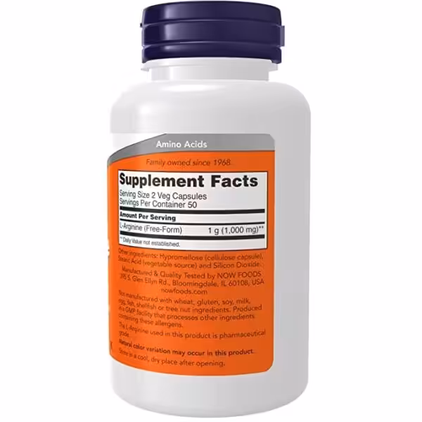 Supplement Facts: Serving size 2 capsules, 50 servings per container, 1,000 mg L-Arginine per serving