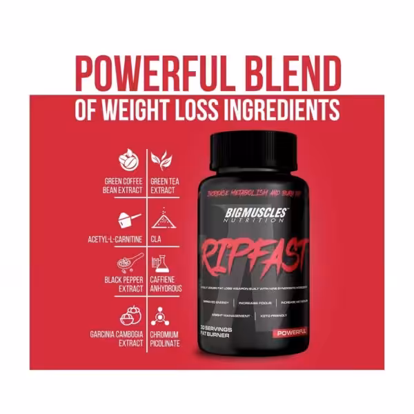 RIP FAST weight loss supplement featuring a blend of Green Coffee, Green Tea, CLA, Caffeine, and Garcinia Cambogia