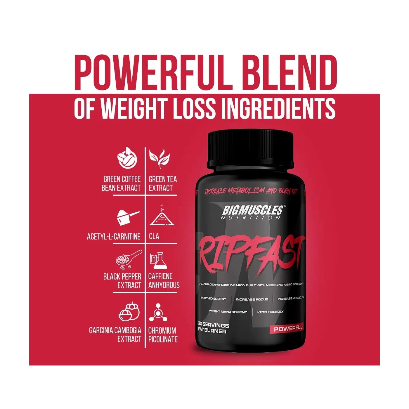 RIP FAST weight loss supplement featuring a blend of Green Coffee, Green Tea, CLA, Caffeine, and Garcinia Cambogia