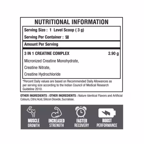 Nutritional info: 3g serving, 50 servings. 2.90g 3-in-1 Creatine Complex. Benefits: growth, strength, recovery, performance