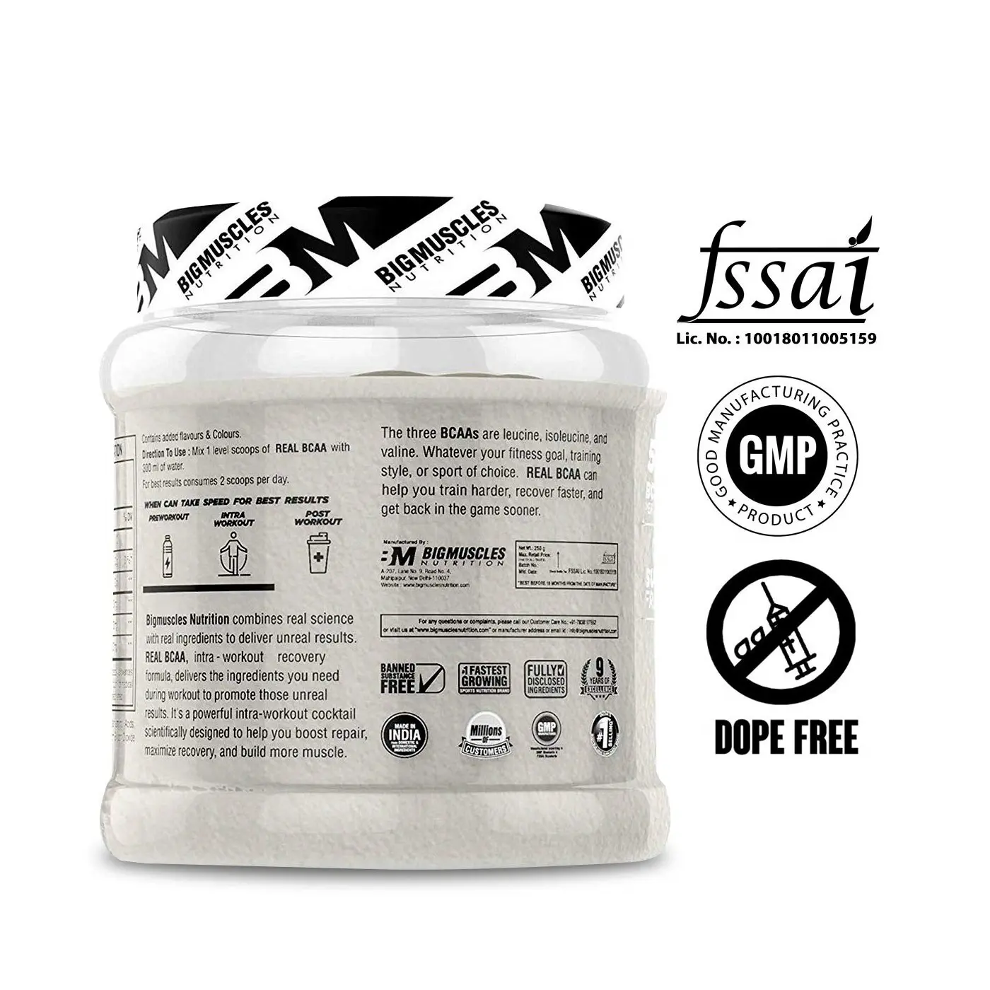 Back label of Bigmuscles Nutrition Real BCAA showing usage instructions, ingredients, and fssai, GMP, and Dope Free certifications