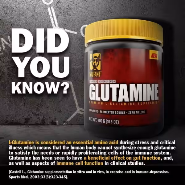 Mutant Glutamine supplement with text explaining L-Glutamine's role in supporting immune and gut function during stress