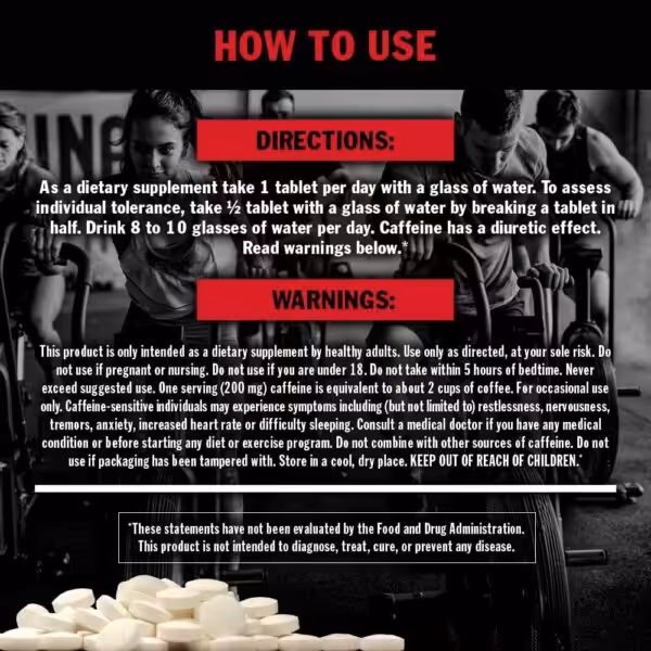 How to Use Mutant Caffeine: Take 1 tablet daily with water. Includes safety warnings and FDA disclaimer