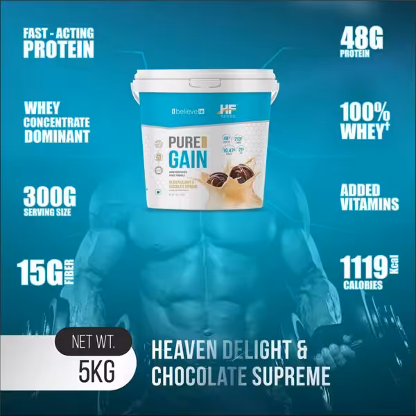 HealthFarm Pure Gain 5kg, Heaven Delight & Chocolate Supreme. 48g protein, 1119 calories, 15g fiber, 100% whey