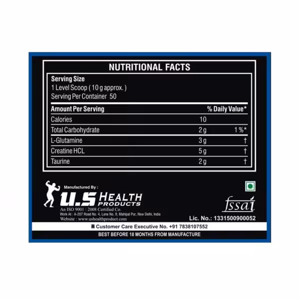 Nutritional facts: 10 calories, 2g carbs, 3g L-Glutamine, 5g Creatine HCL, and 2g Taurine per 10g scoop. 50 servings
