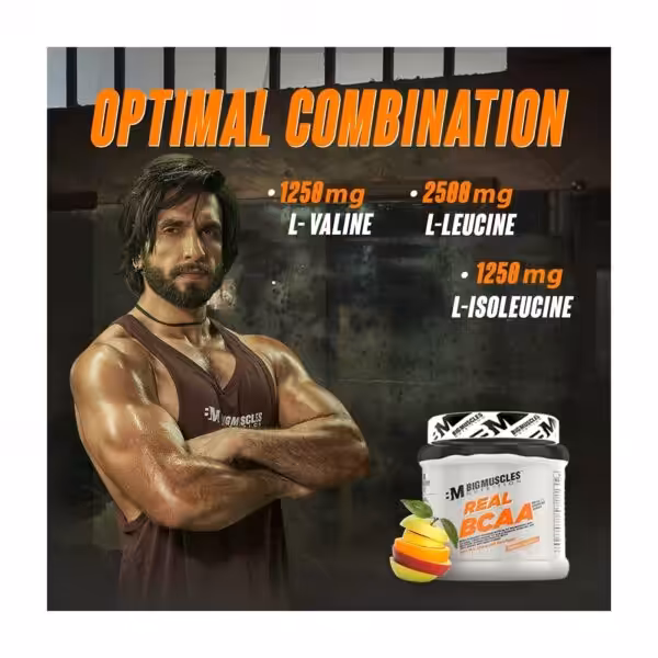 Bigmuscles Nutrition Real BCAA with an optimal combination of 2500mg L-Leucine, 1250mg L-Valine, and 1250mg L-Isoleucine