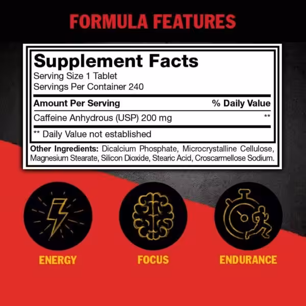 Supplement Facts: 200mg Caffeine Anhydrous per tablet, 240 servings. Benefits: Energy, Focus, and Endurance