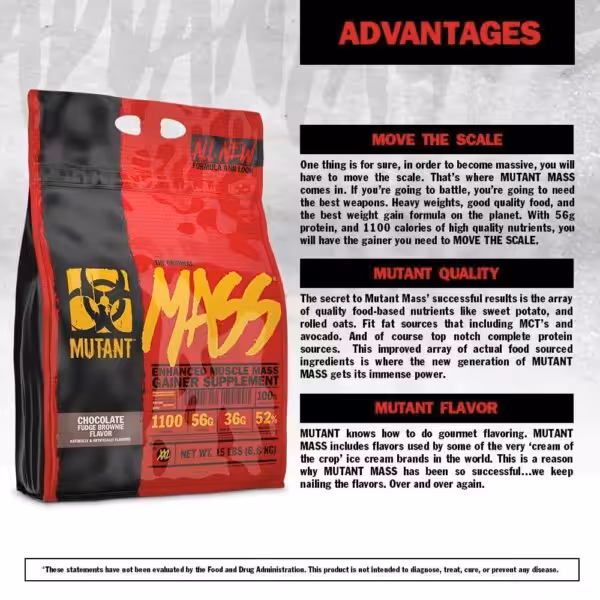 Mutant Mass Gainer, Chocolate Fudge Brownie. 1100 calories, 56g protein. Features food-based nutrients and gourmet flavor