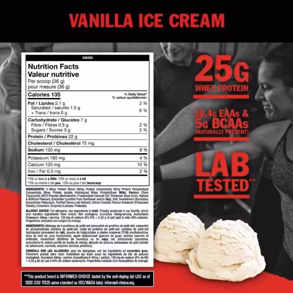 Vanilla Ice Cream Mutant Whey: 135 calories, 22g protein, 2.1g fat, 7g carbs, 10.4g EAAs, and 5g BCAAs per 36g scoop