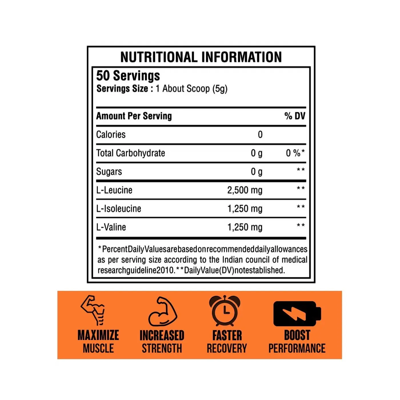 Nutritional facts: 50 servings. Per 5g: 2500mg L-Leucine, 1250mg L-Isoleucine, 1250mg L-Valine. 0 calories and sugar
