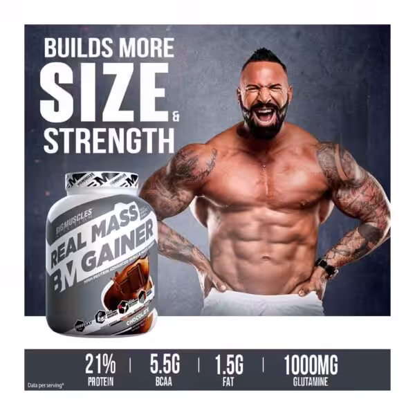 Bigmuscles Real Mass Gainer Chocolate: 21% Protein, 5.5g BCAA, 1.5g Fat, 1000mg Glutamine per serving
