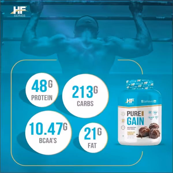 HF Series Pure Gain Chocolate Supreme: 48g Protein, 213g Carbs, 10.47g BCAAs, and 21g Fat