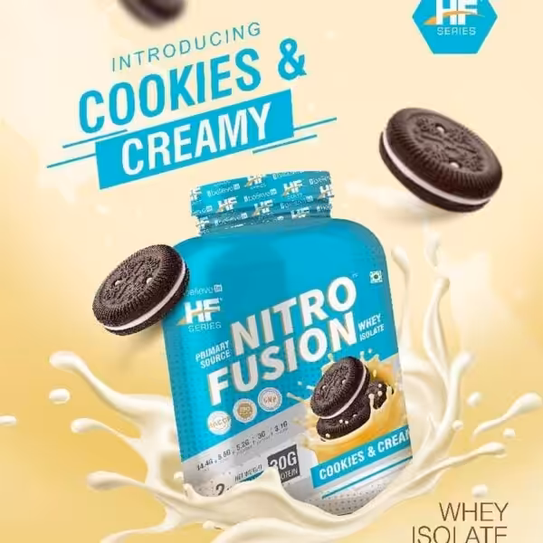 HF Series Nitro Fusion Whey Isolate, Cookies & Creamy flavor. Primary source whey isolate