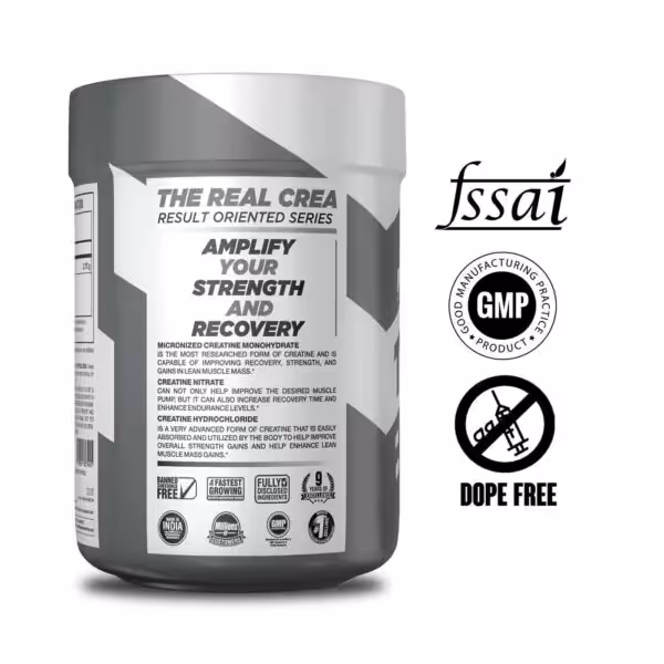 Bigmuscles Nutrition The Real Crea supplement container with fssai, GMP, and Dope Free certifications