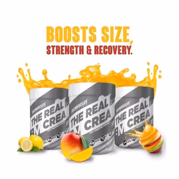 Bigmuscles Nutrition The Real Crea 3 in 1 Creatine Complex. Text: Boosts size, strength & recovery