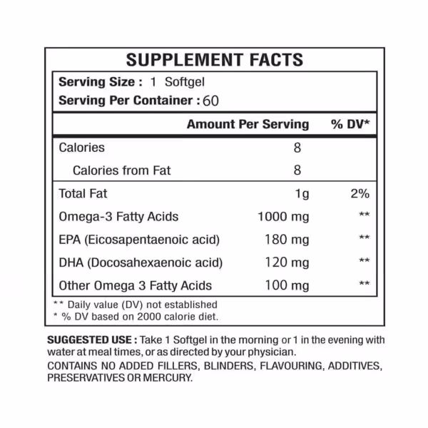 Supplement facts: 1 softgel serving provides 1000mg Omega-3 (180mg EPA, 120mg DHA). 60 servings per container