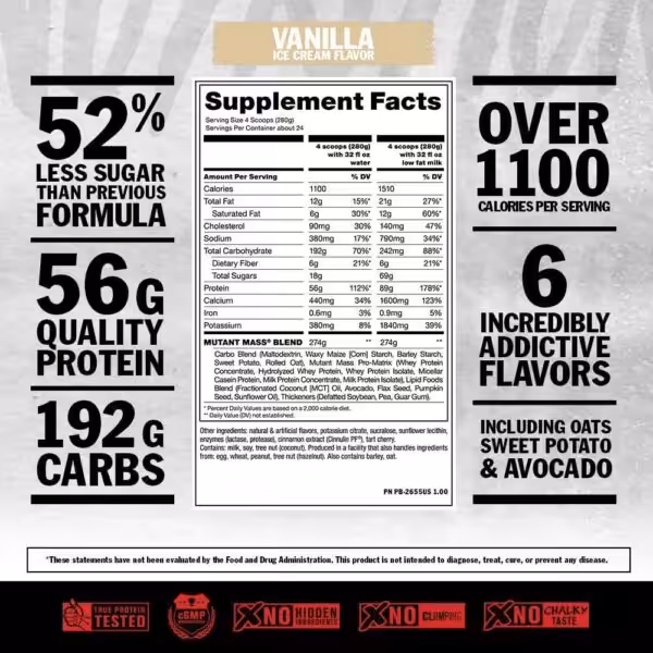 Mutant Mass Vanilla: 1100 calories, 56g protein, 192g carbs, 52% less sugar. Features oats, sweet potato, and avocado
