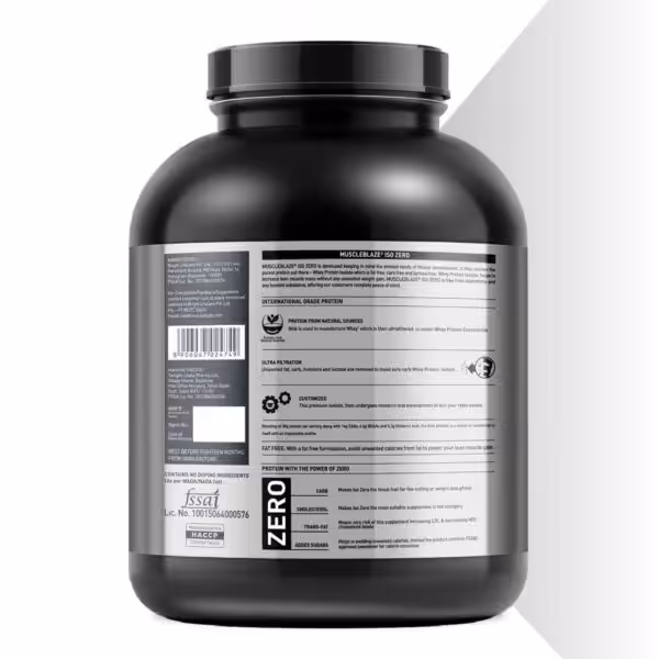 MuscleBlaze Iso-Zero label highlighting 30g protein, 14g EAAs, 6.6g BCAAs, and zero carbs, cholesterol, trans-fat, or sugars